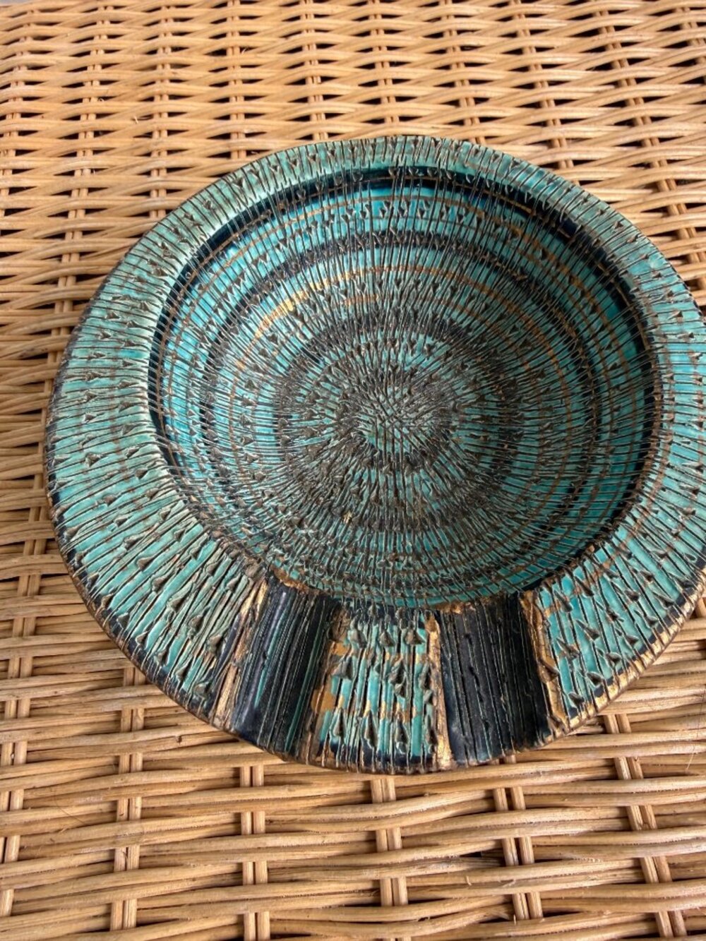 Vintage MCM Italy Art Pottery Ashtray Turquoise Blue and Gold